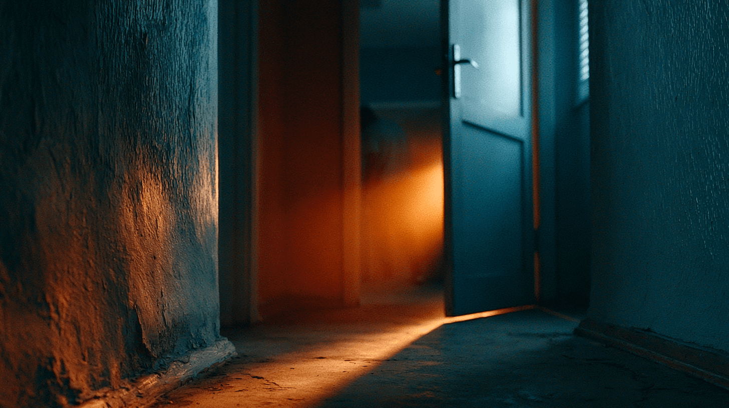 A dark corridor leading toward a partially open door
