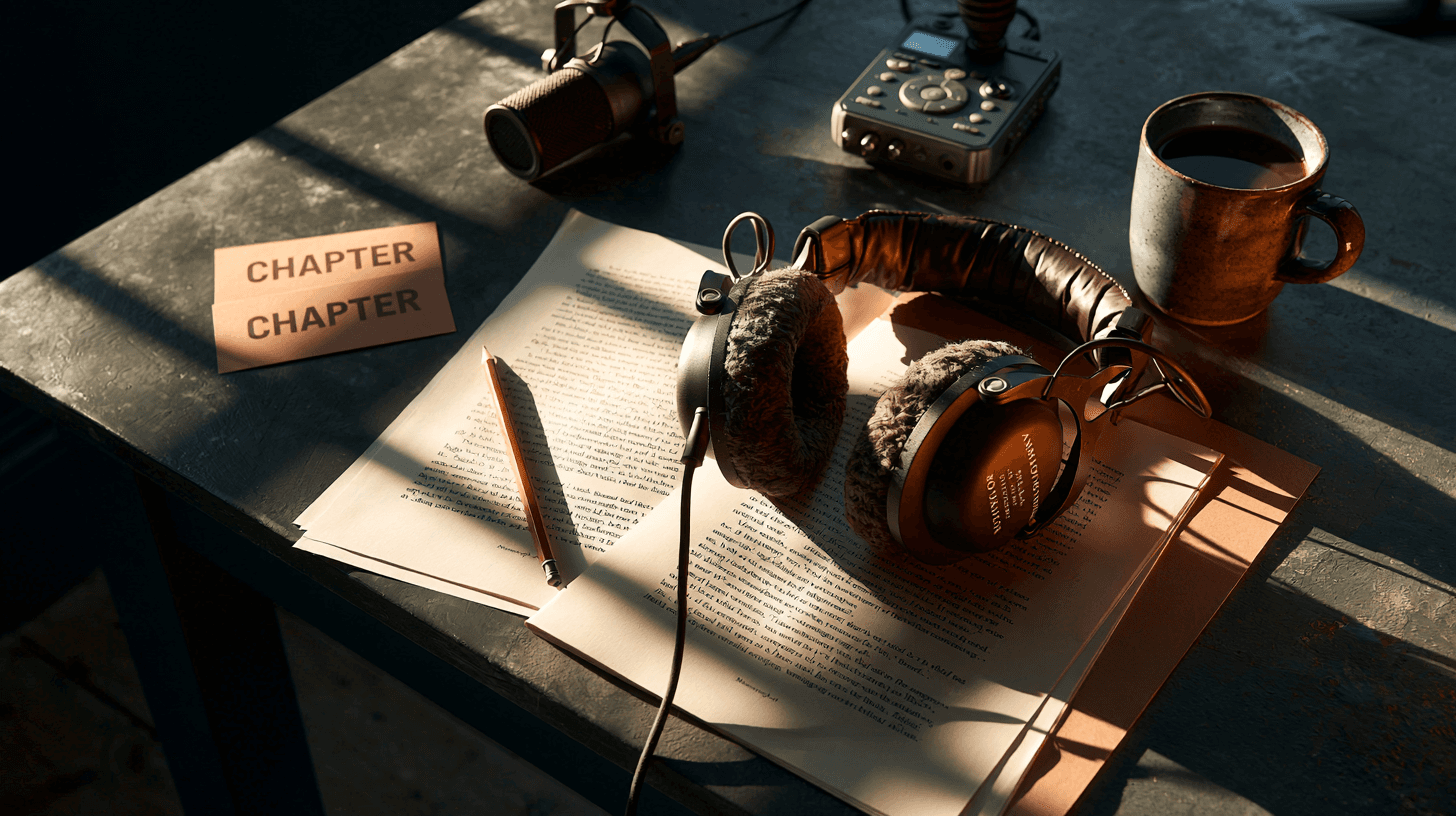 Audiobook preparation desk with a manuscript and headphones