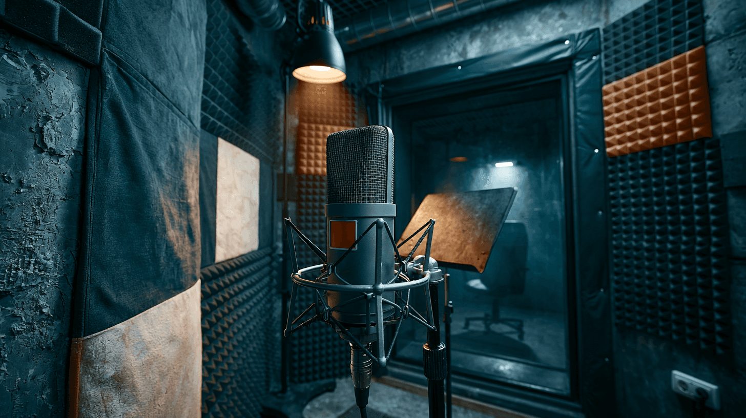 An empty voice casting studio waiting for a performer